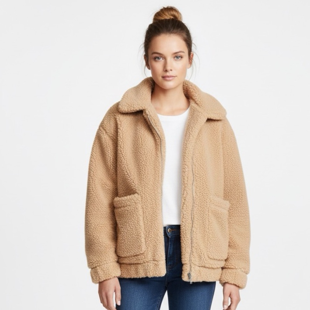 Wild Fable Sherpa Teddy Bear Jacket Oversized Tan Zip Up Coat with Pockets M/L